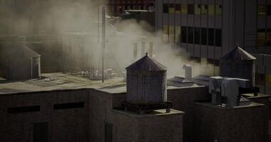 CGI Clouds of steam rise from rooftops in an urban setting during the day video