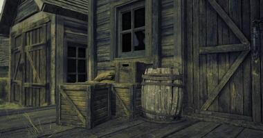 CGI Rustic wooden crates and barrel near an old weathered building video