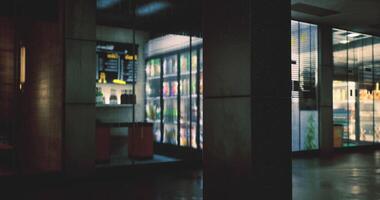 CGI Nighttime view of a convenience store with glowing beverage coolers video