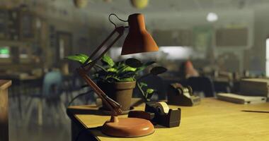 CGI Desk setup with lamp and plant in a classroom environment during daytime video