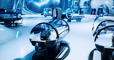 CGI Futuristic high tech room filled with sleek capsules and glowing displays video