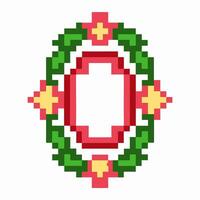 Pixel art floral frame with ornamental border colorful geometric folk design, symmetrical pattern with blank center vector
