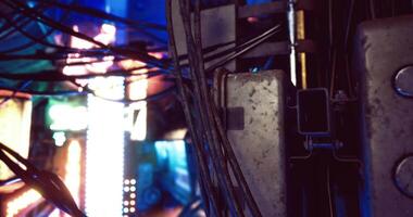 CGI Industrial setting with tangled wires and futuristic neon lights at night video
