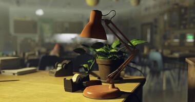 CGI Desk accessories and a lamp illuminate a tranquil classroom setting video