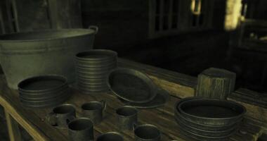 CGI Rustic kitchenware displayed on a wooden table in a dimly lit space video