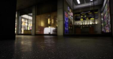 CGI Quiet urban corner with illuminated store displays at dusk video