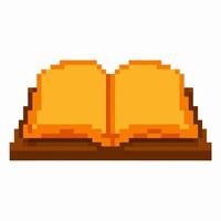 Open yellow book in pixel art retro digital illustration symbolizing reading, education, knowledge, and literature vector