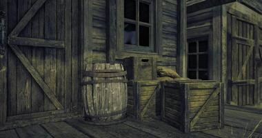 CGI Rustic wooden storage area with barrels and crates in dim light video