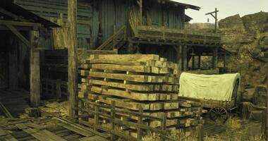 CGI Historic wooden structures in an old mining town under a dusty sky video