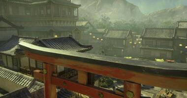 CGI Traditional architecture in a serene mountain village during dusk video