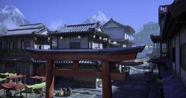 CGI Traditional architecture in a serene village during daylight with mountains video