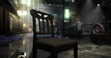 CGI Abandoned chair in an urban environment with dim lighting and debris video