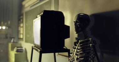 CGI Skeleton watching an old television in a dimly lit classroom setting video