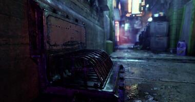 CGI Dark alleyway illuminated by neon lights in a bustling urban environment video
