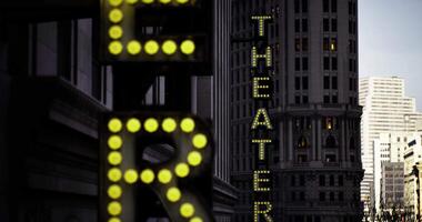 CGI Neon lights illuminate downtown theater district during evening hours video