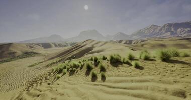 CGI Expansive desert landscape under a bright sun with rolling dunes and mountains video