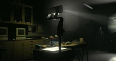 CGI An abandoned classroom features an overhead projector in dim lighting video