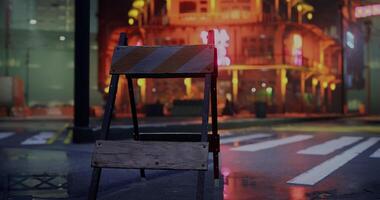 CGI Construction barrier marking street closure in a neon lit city at night video
