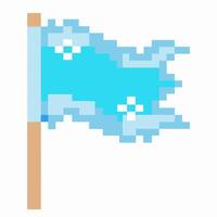 Pixel art blue flag with white cross pattern digital retro banner, game style, isolated wooden pole, simple geometric design vector