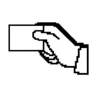 Pixel art hand holding blank card retro 8 bit styled minimalist design, business, identity, invitation, communication concept vector