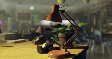 CGI Desk lamp and plant in a classroom environment during school hours video