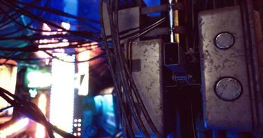 CGI Complex network of cables illuminated by neon lights in urban environment video