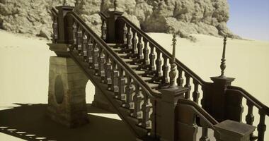 CGI Unique wooden staircase leading to a rocky landscape in a barren environment video