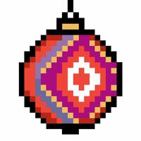 pixel art christmas ornament red round decoration with geometric patterns, festive winter holiday bauble, hanging isolated object vector