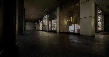 CGI Urban hallway with reflections and storefronts during twilight hours video
