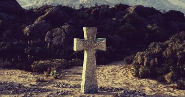 CGI History and spirituality converge at a stone cross in a secluded landscape video