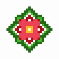 Pixel art floral motif with geometric symmetry, pink flower pattern, green leaves, and yellow center on white background vector