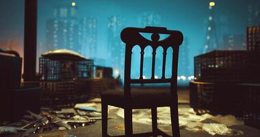 CGI Silhouette of a chair in an urban environment surrounded by litter at night video