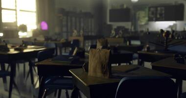 CGI Abandoned classroom with empty desks and scattered supplies video