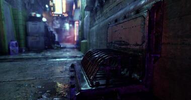 CGI Exploring a dimly lit urban alley with neon reflections at night video