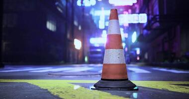 CGI Traffic cone stands out in neon lit alley during nighttime video