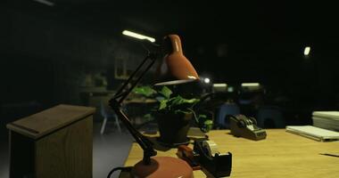 CGI Desk with lamp and plant in dimly lit classroom during evening hours video