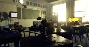 CGI Classroom setting with educational materials and molecular model during sunset video