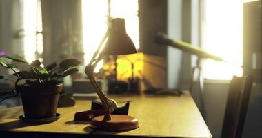 CGI Sunlight illuminates a cozy workspace with plants and a lamp video