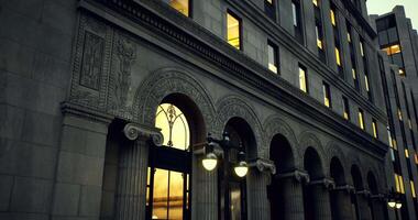 CGI Historic building with elegant architecture at dusk in a city location video