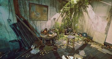 CGI An abandoned room is filled with overgrown plants and scattered objects video