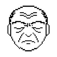 Pixel art elderly man face, frowning expression with wrinkled forehead black and white retro digital character illustration vector