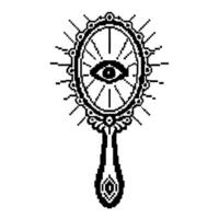 Mystical vintage hand mirror with all seeing eye symbol monochrome pixel art, occult esoteric design, magical vision concept vector
