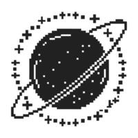 Pixel art planet with rings and surrounding stars retro space design, astronomy symbol, cosmic celestial body illustration vector