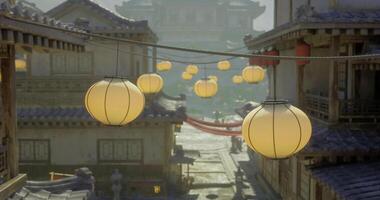 CGI Lanterns illuminate a traditional street in an ancient town during sunset video