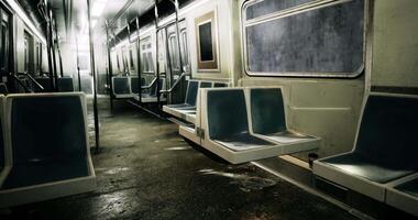 CGI Abandoned subway car with scattered debris in the dimly lit cabin video