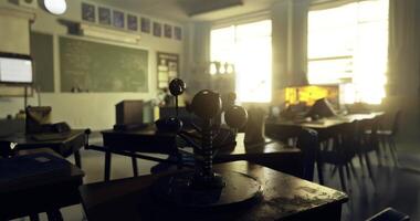 CGI Bright classroom setup featuring a molecular model in focus during school hours video