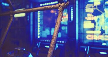 CGI Close up of metallic framework with neon light backdrop in a futuristic setting video