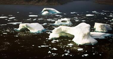 CGI Icebergs floating in dark ocean water near a remote coastline video