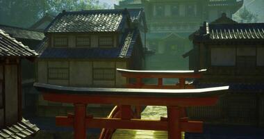 CGI Historic Japanese bridge over tranquil water in traditional village setting video