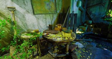 CGI Abandoned room filled with overgrown plants and rustic furniture video